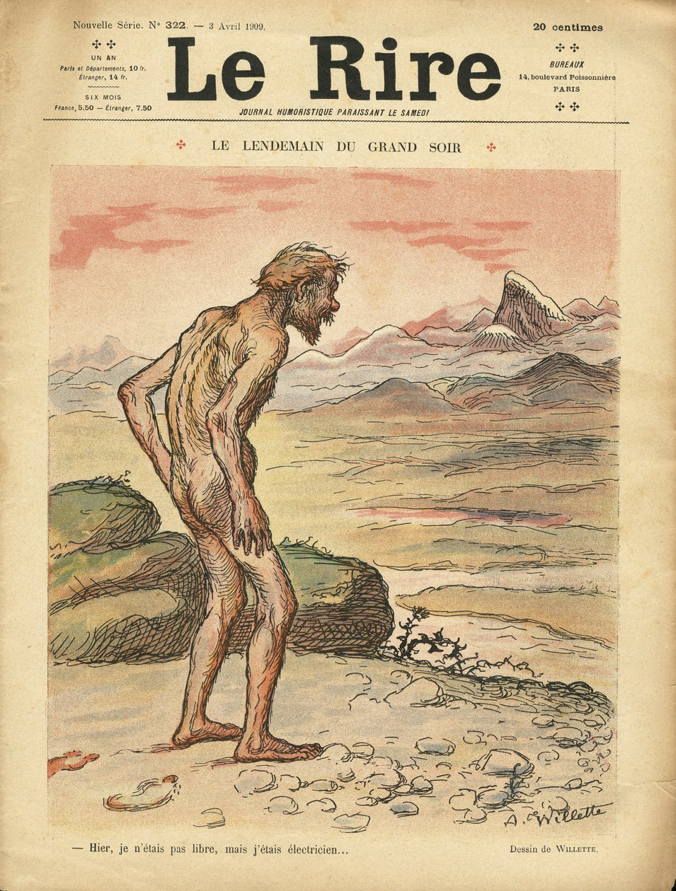 Illustrasjon av Adolphe dit Willette (1857-1926) for omslaget til Le Lire, 03/04/09 - Le next day du grand soir - Sosial, Prehistoire, Collectivism - Nudite av Adolphe Leon Willette