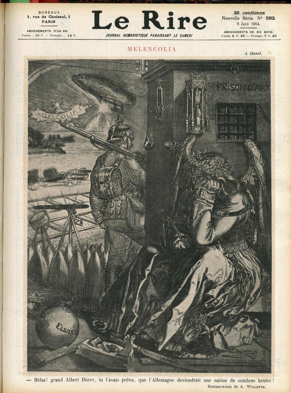 Illustrasjon av Adolphe dit Willette (1857-1926) for omslaget til Le Lire, 06/06/14 - “” Helas, store Albert Durer, du hadde spådd at Tyskland ville bli et land med mørke brutter! “” - Melancolia - Krig, Tyskland Preussen - Durer av Adolphe Leon Willette