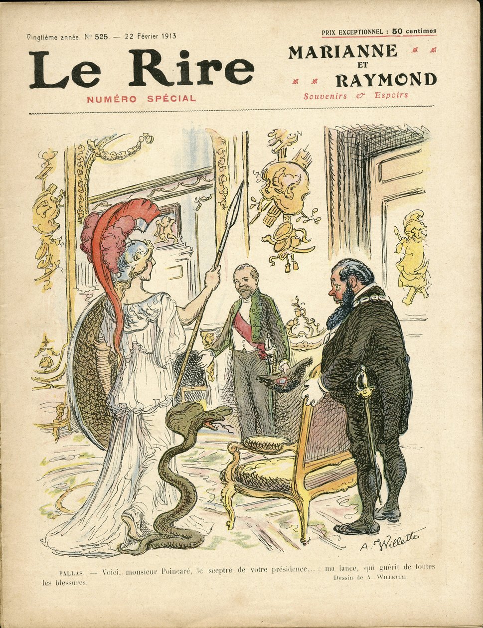 Illustrasjon av Adolphe dit Willette (1857-1926) for omslaget til Le Rire, 22/02/13 - Republikkens president, hatt, Elysee, lenestol (symbol på makt) - Poinscare Raymond av Adolphe Leon Willette