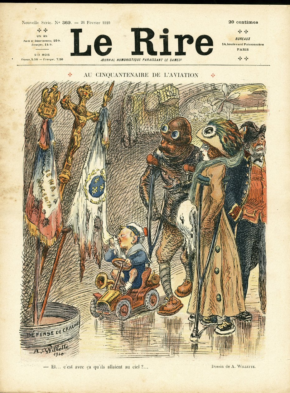 Illustrasjon av Adolphe dit Willette (1857-1926) for omslaget til Le Rire, 26/02/10 - Ved femtiårsjubileet for luftfart - Luftfart, mote, hatt, ulykker Katastrofer av Adolphe Leon Willette