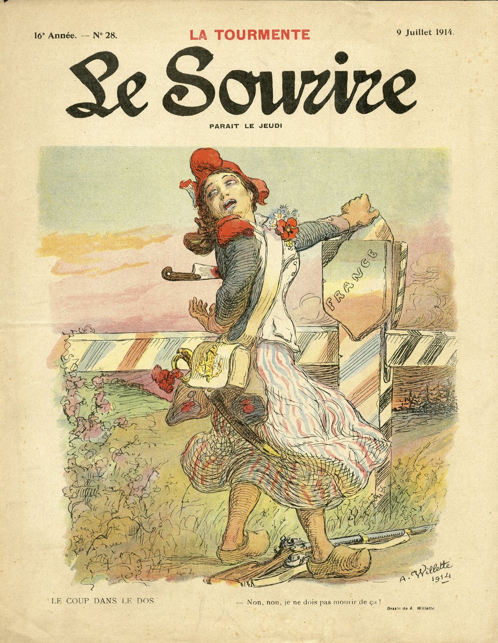 Illustrasjon av Adolphe dit Willette (1857-1926) for omslaget til Le Smile, nr. 28, 09/07/14 - Slaget i ryggen - Nasjonalisme, fransk revolusjon, krigen av 14-18 første mus, Borders - Marianne av Adolphe Leon Willette