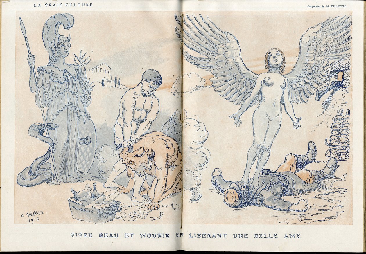 Illustrasjon av Adolphe dit Willette (1857-1926) i "" Fantasio""", 01/05/15 - Å leve vakkert og dø ved å frigjøre en vakker sjel - War of 14 -18, Dead corpses, Barbary/Kultur, Jam of Skull - Soldater av Adolphe Leon Willette