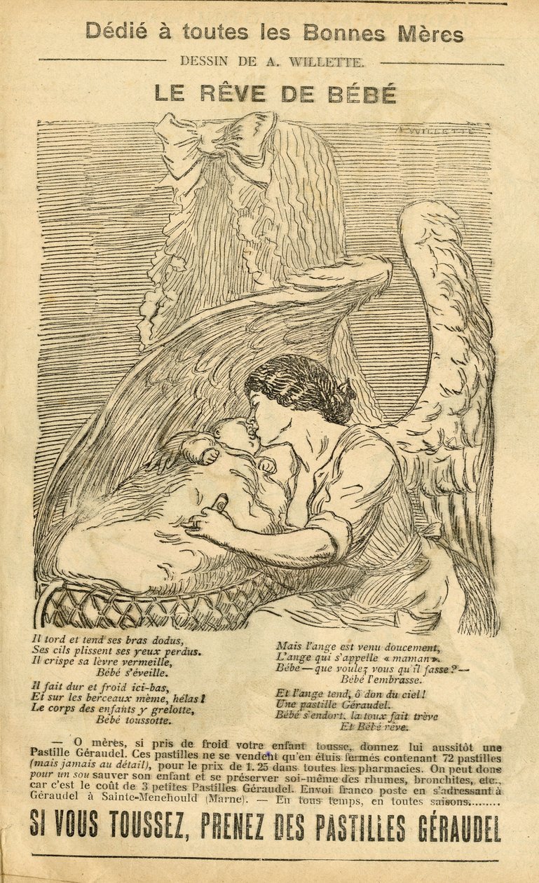 Illustrasjon av Adolphe dit Willette (1857-1926) i Le Pelerin, 22/12/07 - Babyens drøm - Reclamation Publicity, Maternity - Angel av Adolphe Leon Willette