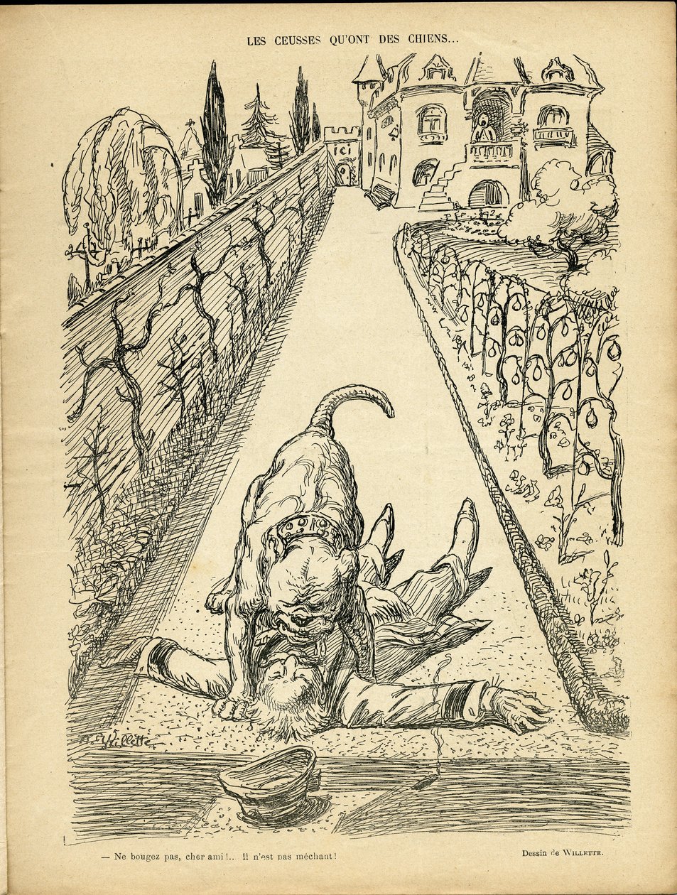 Illustrasjon av Adolphe dit Willette (1857-1926) i Le Rire, 27.02.09 - De ceusses som har hunder - Arkitektur Urbanisme, Dyr - Hund, Pitt-Bull av Adolphe Leon Willette