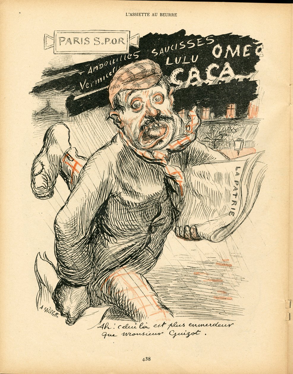 L'Plate au beurre, satirisk i farger: Presse/medier, sjekk datoer - Camelot som selger omreisende - Illustrasjon av Adolphe (Willette) (1857-1926) av Adolphe Leon Willette