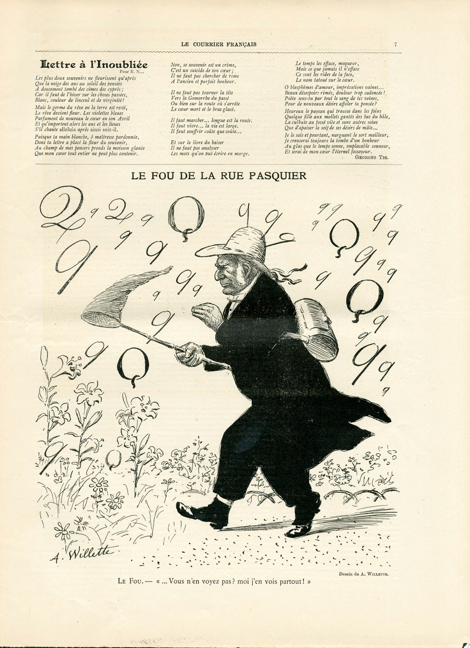 Le Courier francais, nummer 10, satirisk i svart-hvitt av Adolphe Leon Willette