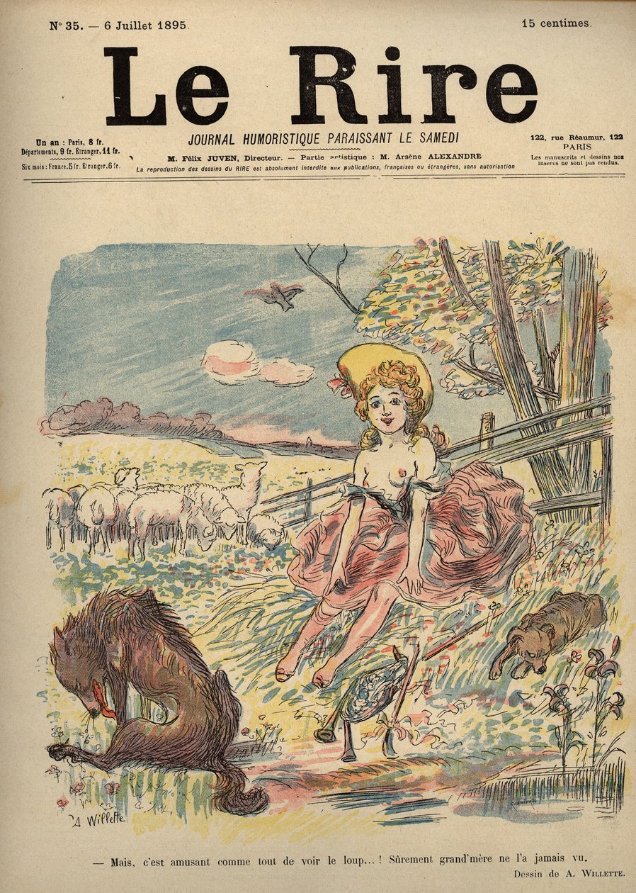 Rødhette - gjeterinne toppløs, rødhette - Men det er morsomt som alle andre å se ulven...! Sannsynligvis så bestemor ham aldri. Tegning av A. Willette til latteren Numero 35, 6. juli av Adolphe Leon Willette