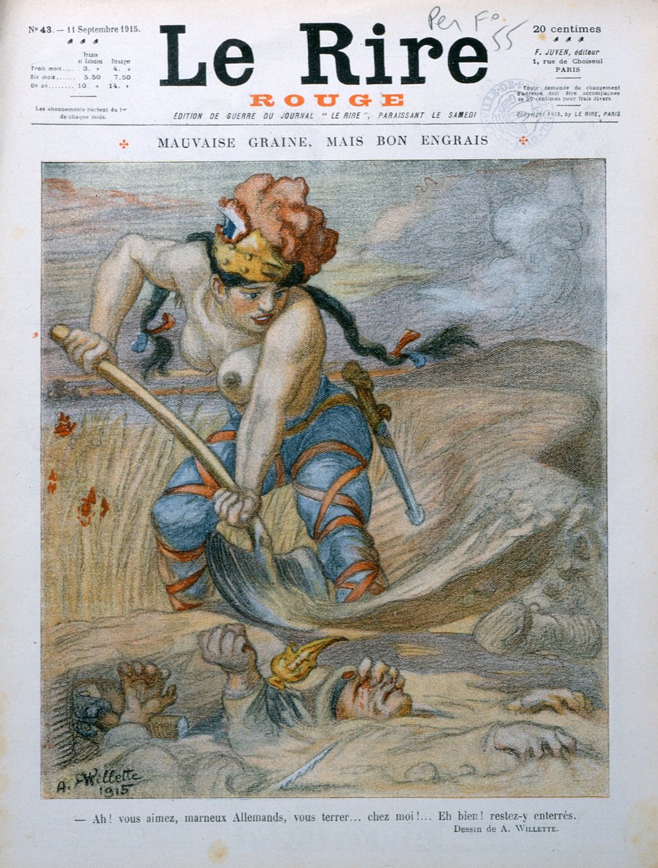 Marianne begraver tyske soldater i Marne-gravene, karikatur fra magasinet Le Rire Rouge, 11. september 1915 av Adolphe Leon Willette