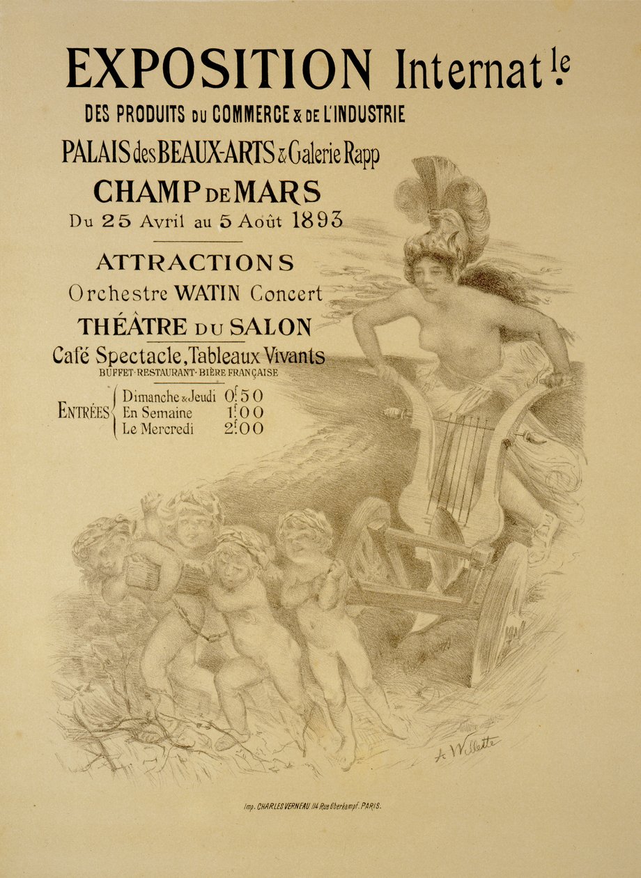 Reproduksjon av en plakat som reklamerer for en internasjonal utstilling av kommersielle og industrielle produkter, Palais des Beaux-Arts og Galerie Rapp, Champ de Mars, Paris, 1893 av Adolphe Leon Willette