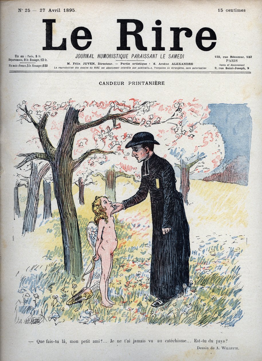 Spring Candeur - I en skog av blomster, en prest som stryker ansiktet til et nakent barn, og gjemmer bak ryggen hans en pil og bue og et par vinger. Uten at han vet at han er Amor, spør han om han er ny, siden ingen noen gang har sett ham på katekismen - i av Adolphe Leon Willette