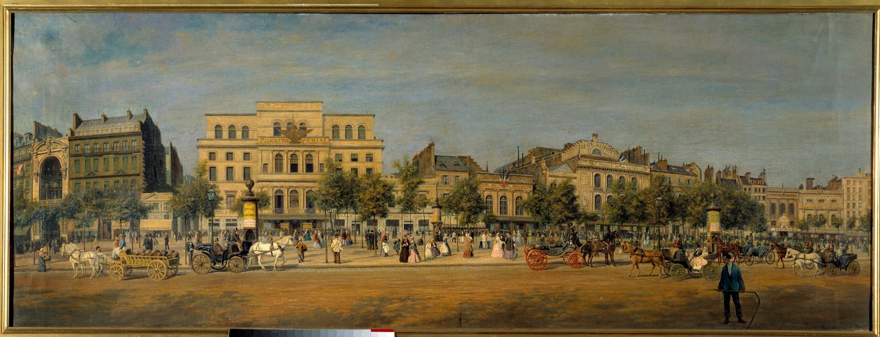 Transformasjoner av Paris under det andre imperiet, Haussmann Paris: "" Generell utsikt over teatrene til boulevard du Temple (Gaite, Imperial) før piercingen av boulevarden Prince Eugene (nåværende boulevard Voltaire)"" Maleri av Adolphe Potemont ( av Adolphe Martial Potemont
