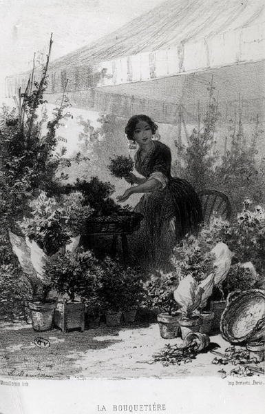 Blomsterselgeren, midten av 1800-tallet (s/hvitt-bilde) av Adolphe Mouilleron
