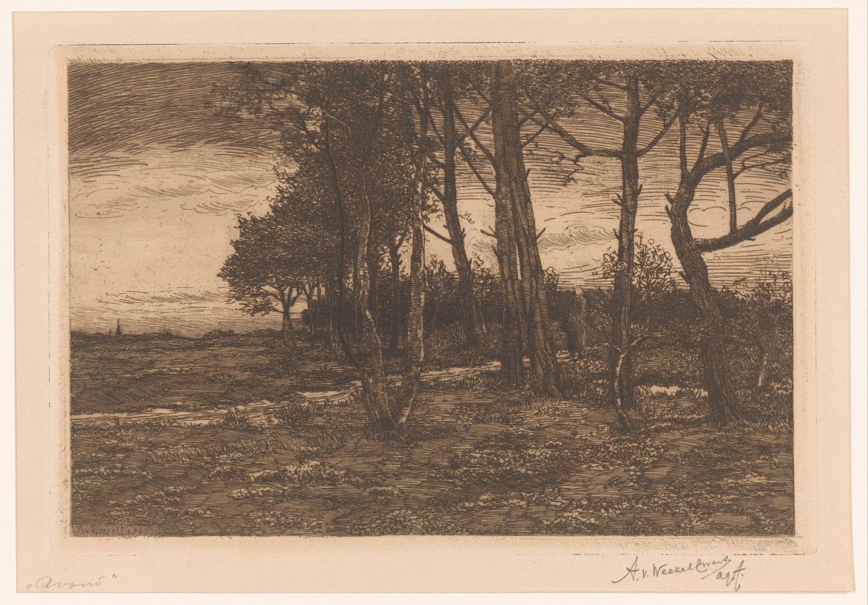 Landskap med trær Kveld (tittel på objekt) av Adolphe P.H J. van Weezel Errens (signed by artist)