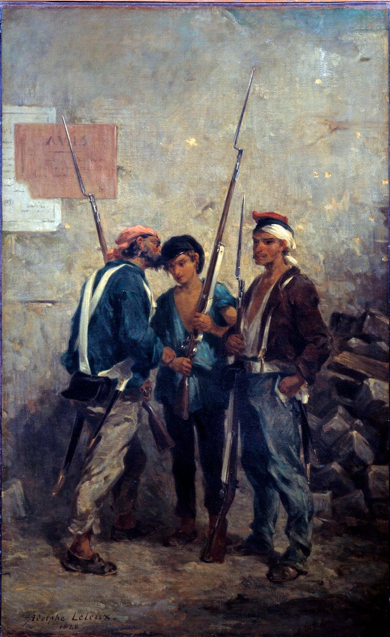 Revolusjon av 1848: "" slagordet"""" Parisiske opprørere passerte ordet nær barrikadene på dagen 24/02/1848. Maleri av Adolphe Pierre Leleux (1812-1891) 1848 Søn. 0,93x0,58 m av Adolphe Pierre Leleux