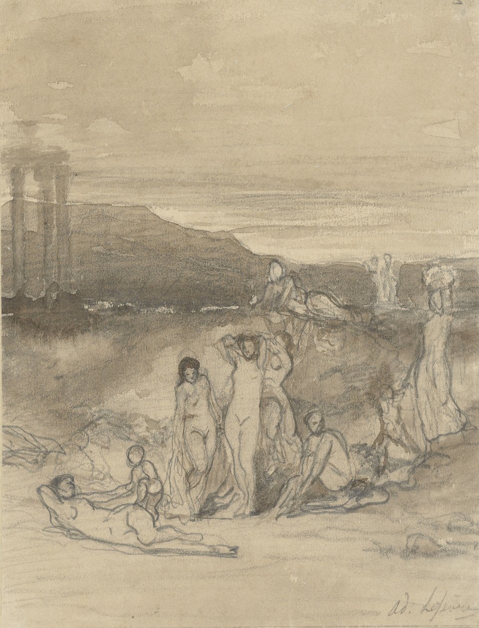 Klassisk landskap med liggende, stående og sittende nakenfigurer og en tempelruin av Adolphe René Lefèvre