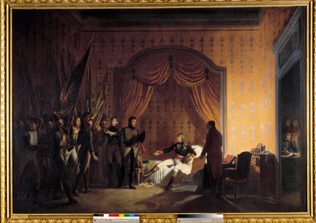 Italias første kampanje (1796-1797): "" Napoleon Bonaparte (1769-1821) mottok i Millesimo Austrosard-flaggene tatt i slaget ved Montenotte og fangsten av Cossaria presentert av generalene Marmont og Jean Andoche Junot (Jean-Andoche) ( 1771–1813) av Adolphe Roehn