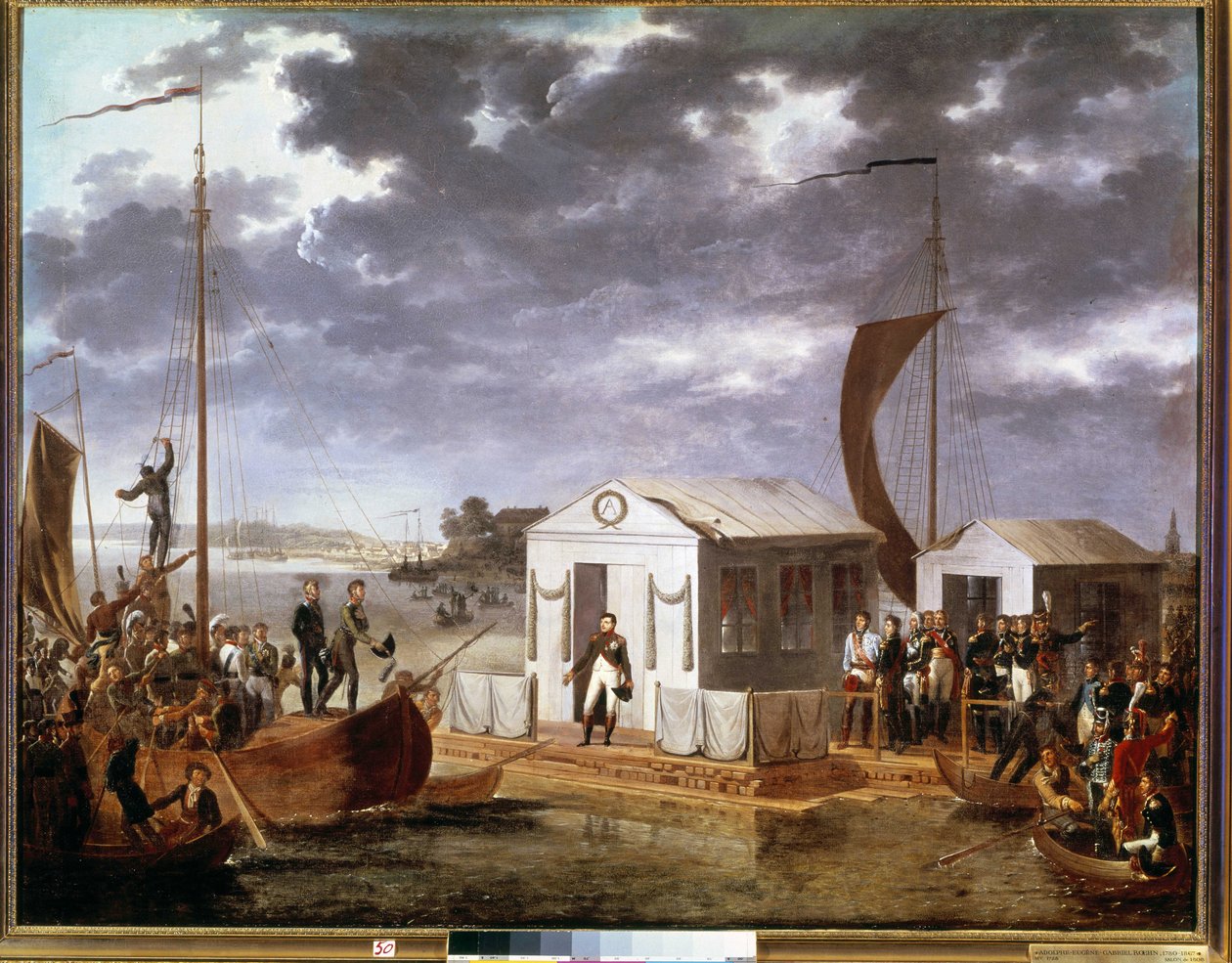 Intervju av Tilsit (Tilsitt) mellom Napoleon I og tsar Alexander I av Russland ved Niemen-elven 25. juni av Adolphe Roehn