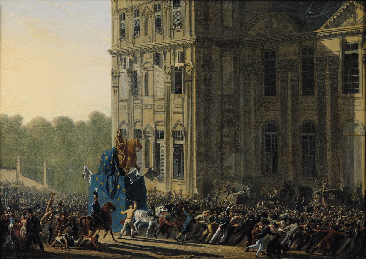 Transport av statuen av Henri IV (1553-1610) foran Flora-paviljongen i Louvre, 1818 av Adolphe Roehn