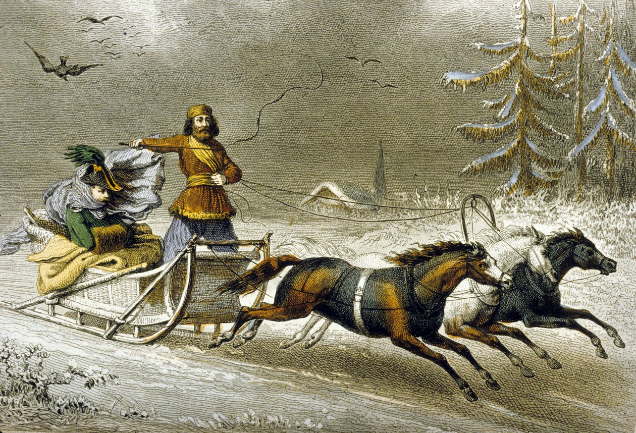 A Sled in the Snow, Russland (fargegravering) av Adolphe Rouargue