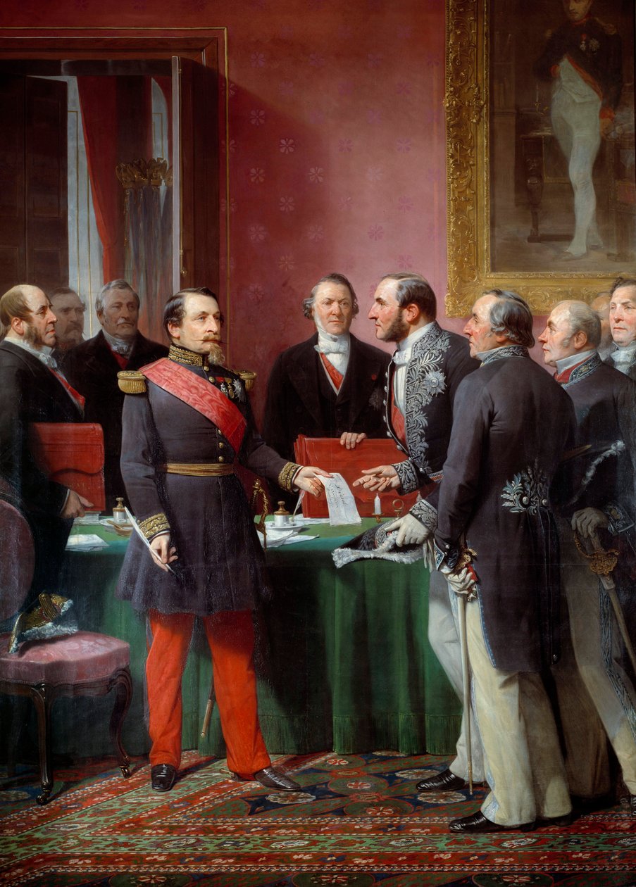 Keiser Napoleon III (1808-1873) overrakte til baron Georges Haussmann (1809-1891) dekretet om annektering av nabokommunene i juni 1859 av Adolphe Yvon