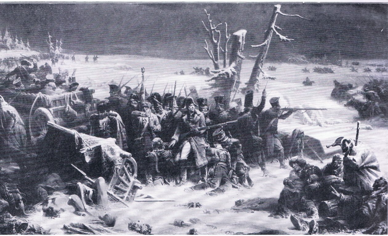 Marshal Ney støtter bakvakten under retretten fra Moskva, illustrasjon fra Landmarks in European History utgitt av Gresham Publishing Co, ca. 1920 (litho) av Adolphe Yvon