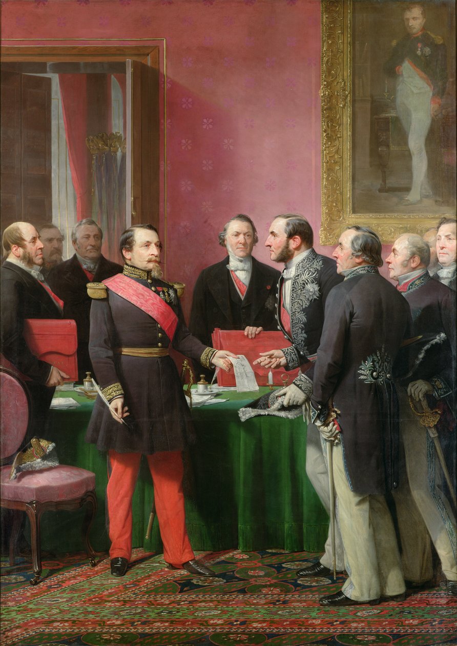 Napoleon III (1808-73) overleverer dekretet som tillater annektering av forstadskommunene i Paris til baron Georges Haussmann (1809-91) i juni 1859 av Adolphe Yvon
