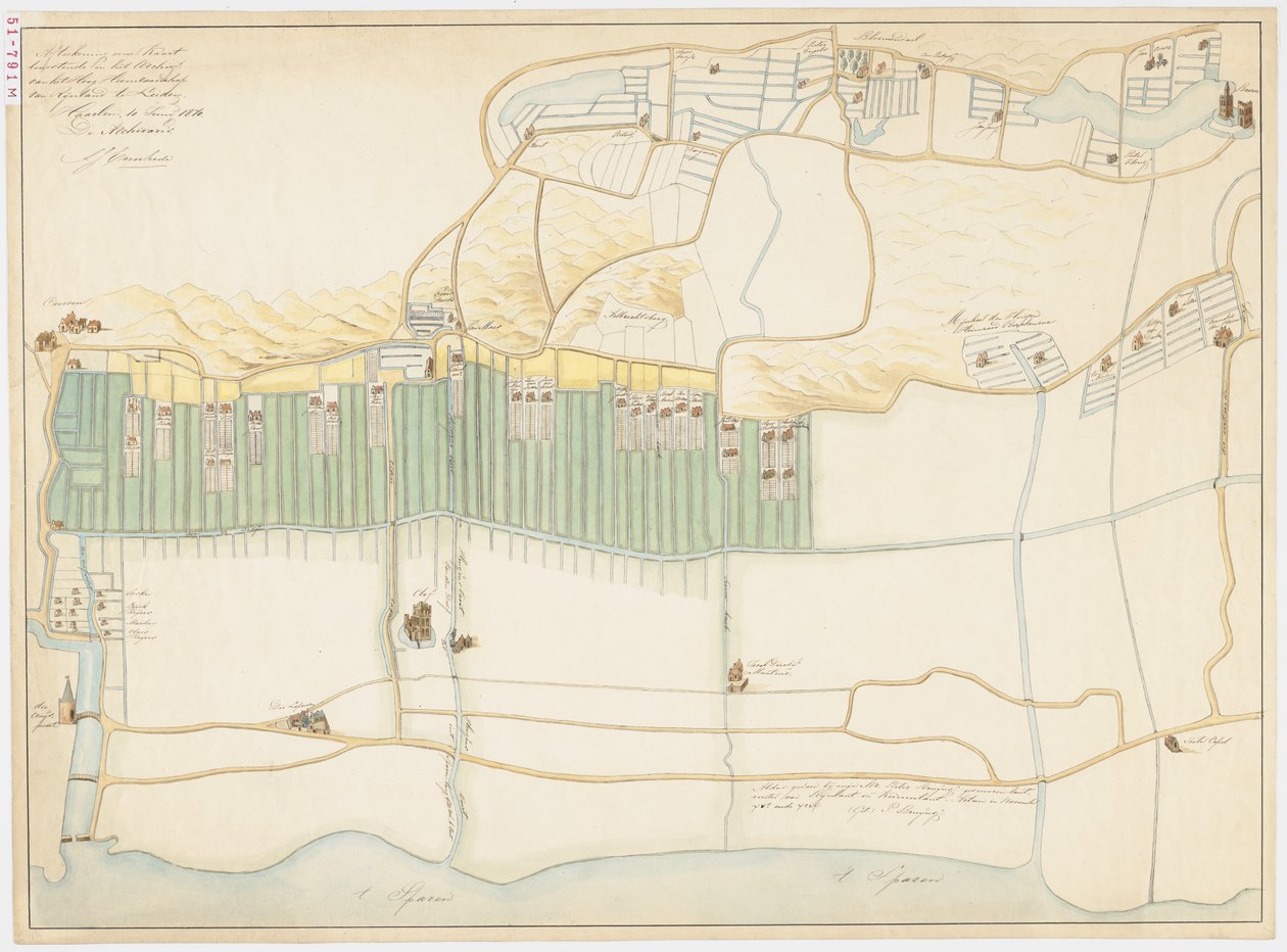 1870 kopi av kart fra 1599 av Haarlem blekeplasser nær Bloemendaal av Adriaan Justus Enschedé