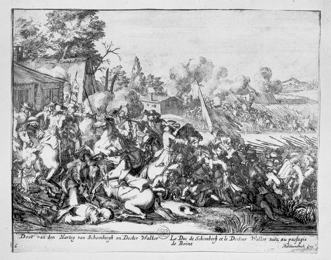 Duc de Schomberg og Doctor Walker blir drept i slaget ved Boyne, 1690 av Adriaan Schoonebeek