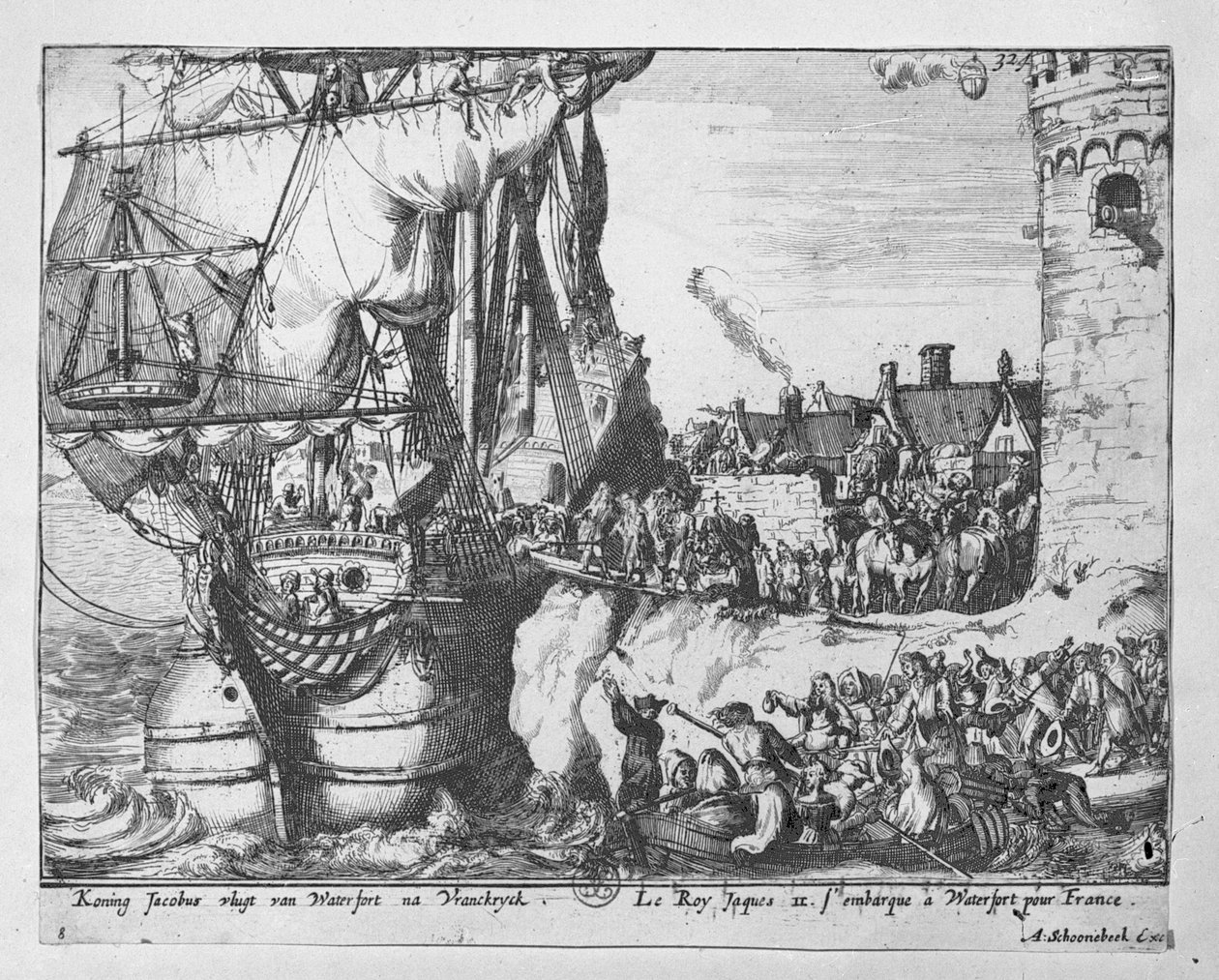 King James forlater Irland etter nederlag i slaget ved Boyne, 1690 av Adriaan Schoonebeek