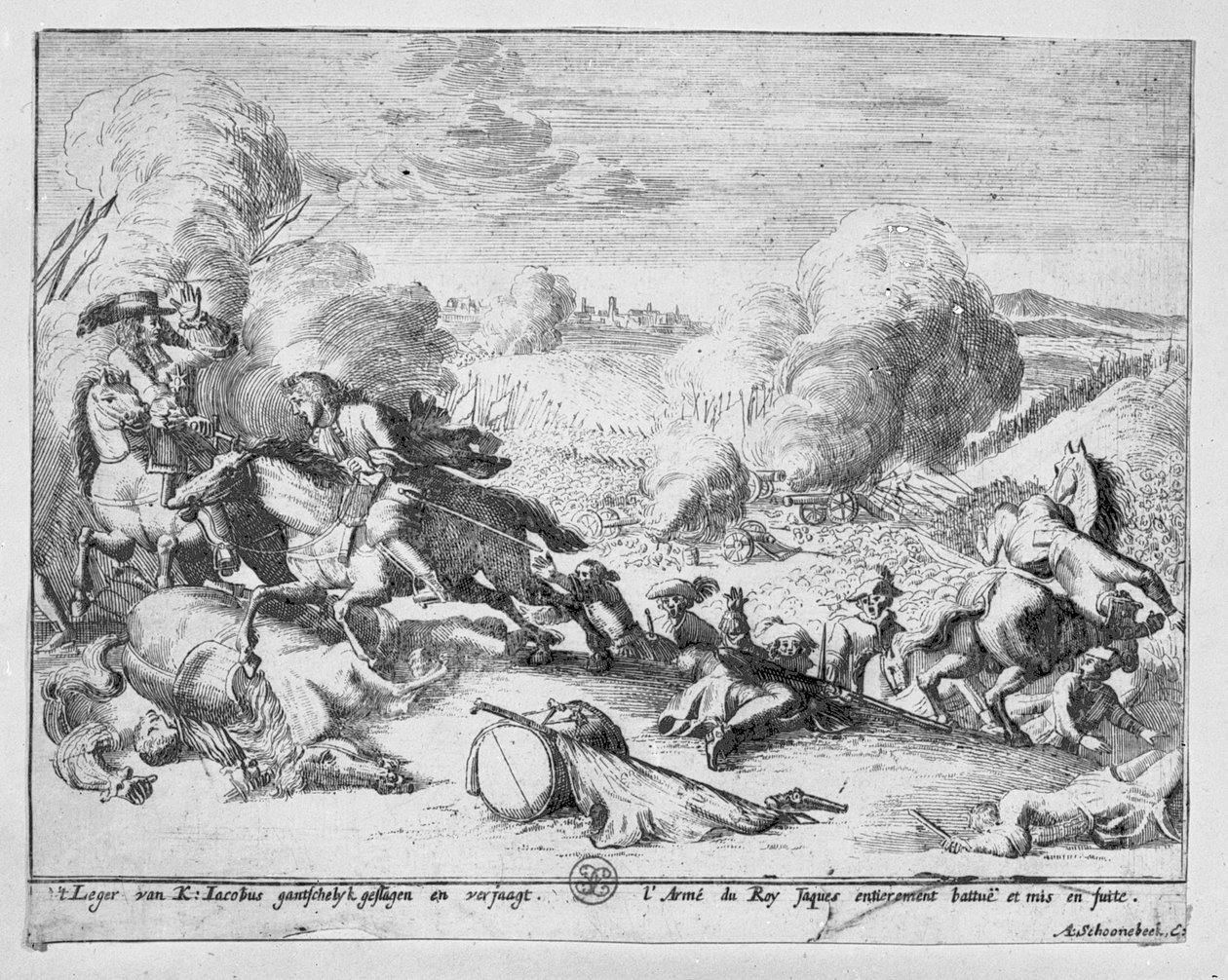 King James-tropper blir beseiret i slaget ved Boyne og loppe, 1690 av Adriaan Schoonebeek