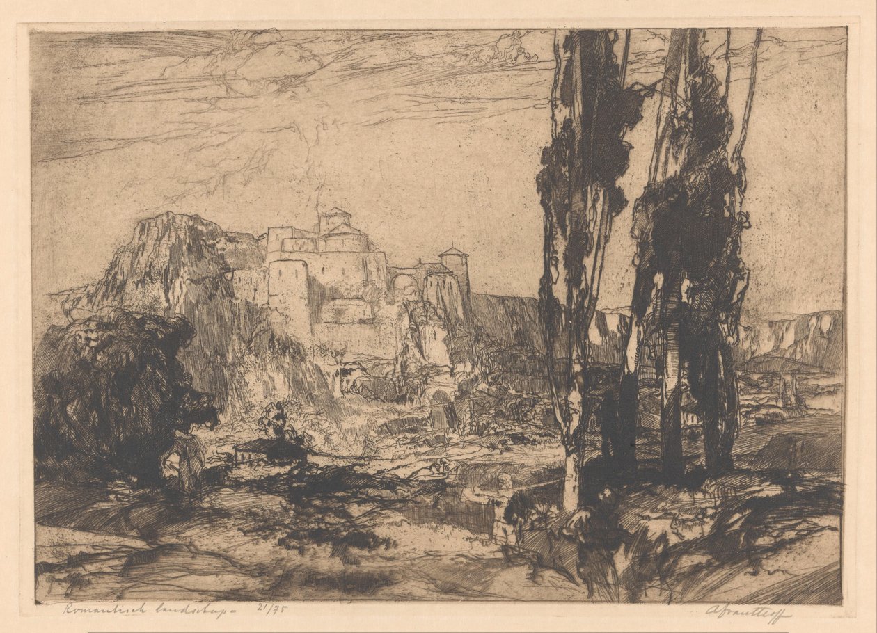 Romantisk landskap (original tittel på objekt) av Adriaan J. van 