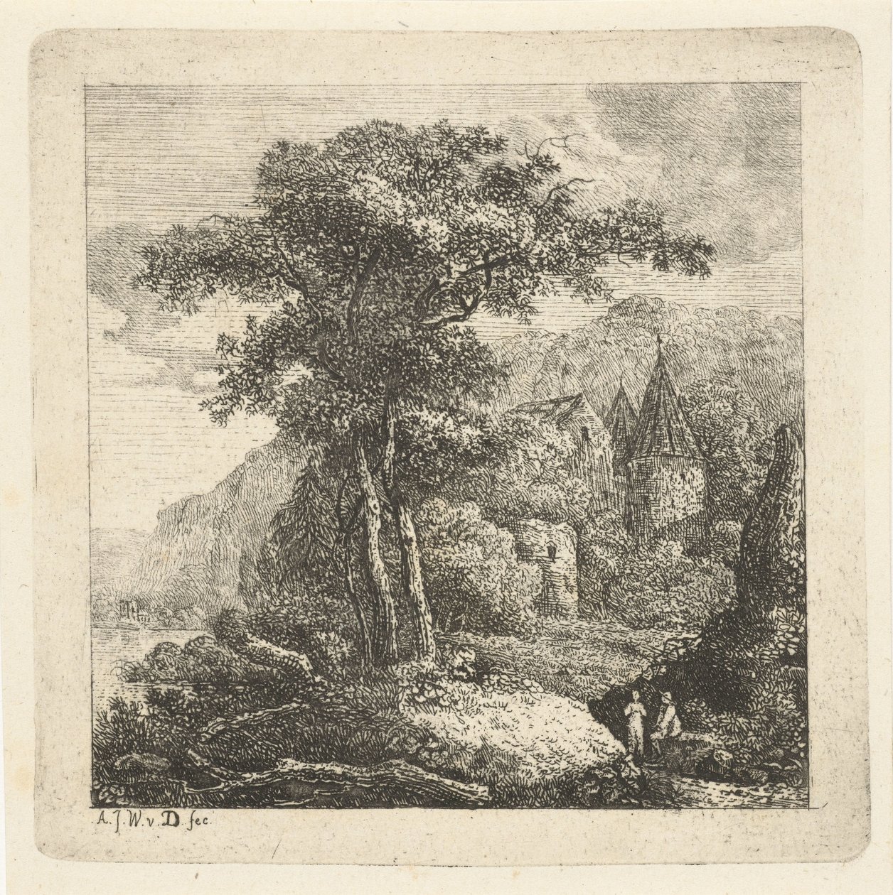 Fjelllandskap med trær, slott og to figurer av Adriaan Jacob Willem van Dielen