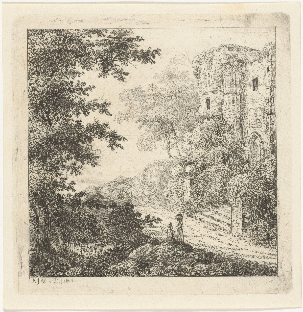 Landskap med figurer ved ruinene av et slott av Adriaan Jacob Willem van Dielen