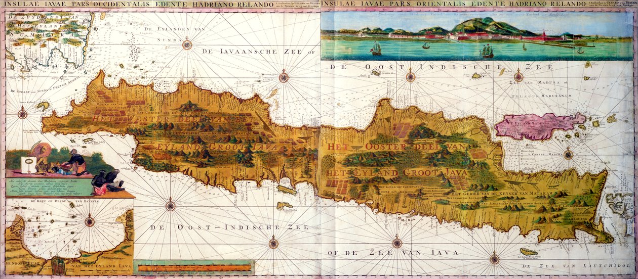 Insulae lavae, et stort sammenleggbart kart over Java med to innlegg som begge viser utsikt over Batavia (Jakarta) Dutch, utgitt av Gerard van Keulen, Amsterdam, ca. 1715 (farget gravering) av Adriaan Reland