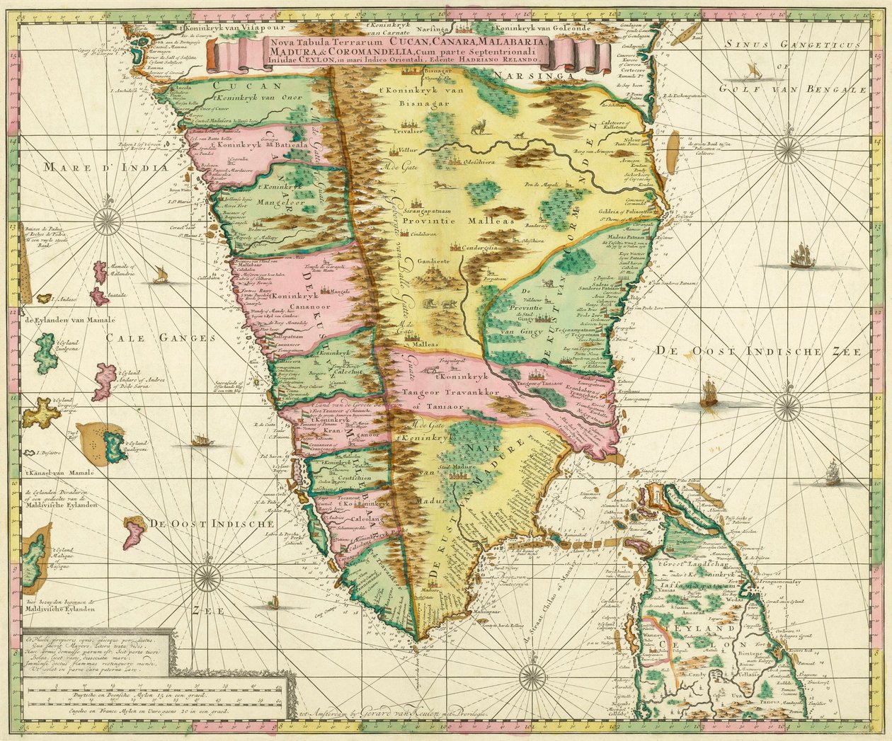 Kart over Sør-India og Ceylon, etter et verk laget rundt 1720 av den nederlandske kartografen Adriaan Reland av Adriaan Reland