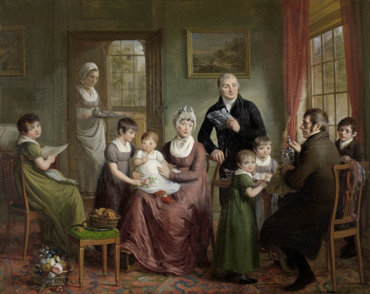 Portrett av familien til Adrianus Bonebakker med Dirk L. Bennewitz Portrett av familien til Adrianus Bonebakker og hans partner DL Bennewitz av Adriaan de Lelie (signed by artist)
