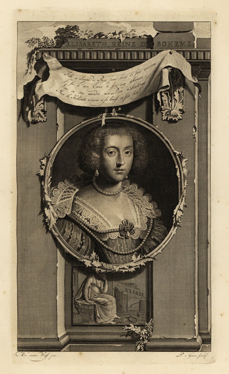 Elisabeth Stuart, dronning av Böhmen, kurfyrst av Pfalz, kone til Frederick V, vinterkongen. Elisabeth, Reine de Boheme. I kjole med ganske oppskårne ermer, blondekrage med perler. Vignett av kvinne som grubler over en falt krone. Kobberstikk av Adriaan van der (after) Werff