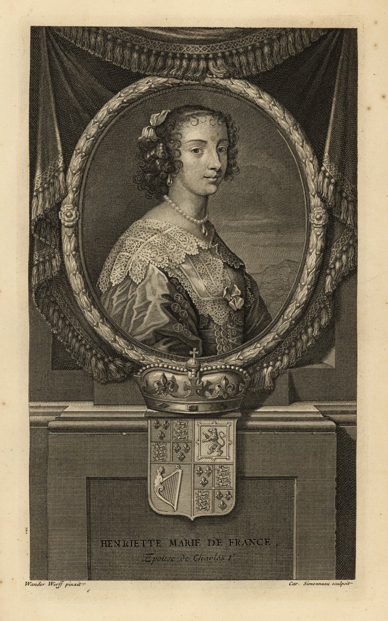 Henrietta Maria av Frankrike, kone til kong Charles I av England. Henriette Marie de France. I kjole med blondekrage, perlekjede. Med krone og våpenskjold. Kobberstikk av Charles Simonneau etter Adriaen van der Werff fra Isaac de Larreys H av Adriaan van der (after) Werff