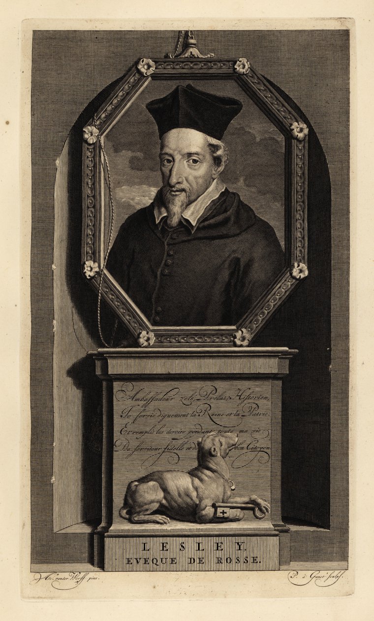 John Lesley, skotsk historiker og biskop av Ross. Biskop av Rosse. Hund med nøkkel. Kobberstikk av Pieter Stevens van Gunst etter Adriaen van der Werff fra Isaac de Larreys Histoire d'Angleterre, d'Ecosse et d'Irlande, Amsterdam av Adriaan van der (after) Werff