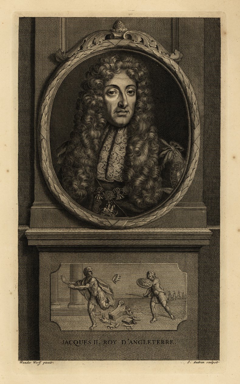 Kong James II av England, James VII av Skottland, Jacques II Roy d'Angleterre. I parykk, blondetørkle, kjede med figur av St. George og dragen. Vignette viser en romersk keiser som mister kronen til en soldat. Kobberstikk av Jean Audran etter Ad av Adriaan van der (after) Werff