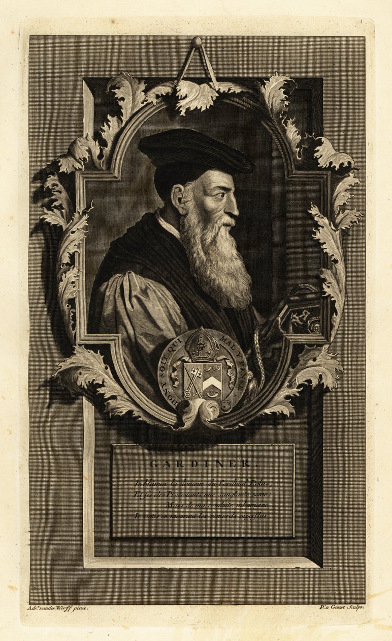 Portrett av Stephen Gardiner, biskop av Winchester og politiker. Med våpenskjold. Kobberstikk av Pieter Stevens van Gunst etter Adriaen van der Werff fra Isaac de Larreys Histoire d'Angleterre, d'Ecosse et d'Irlande, Reinier Leers, Rotterdam av Adriaan van der (after) Werff