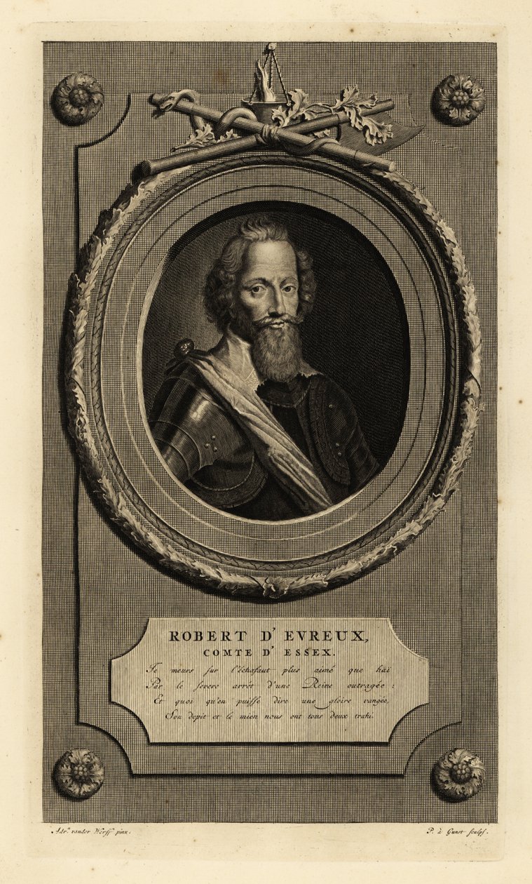 Robert Devereux, 2. jarl av Essex, favoritt til Elizabeth I. Robert d'Evreux, Comte d'Essex. I blondekrage, rustning, sash. Kobberstikk av Pieter Stevens van Gunst etter Adriaen van der Werff fra Isaac de Larreys Histoire d'Angleterre, av Adriaan van der (after) Werff