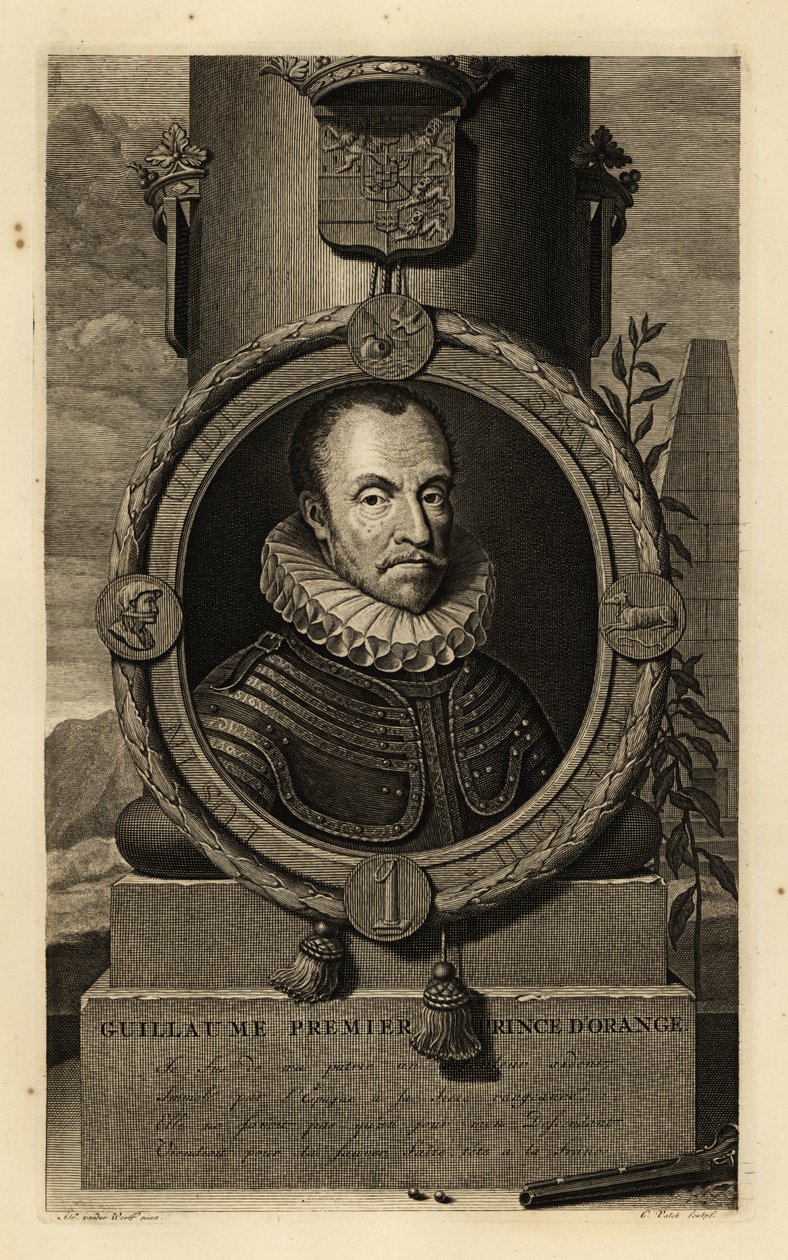William I, Prince of Orange, William the Silent eller William the Taciturn. Guillaume, premiere Prince d'Orange. I rustning med blonderuff, våpenskjold over, flintlåspistol og blyhagl under. Kobberstikk av Gerard Valck etter Adriaen va av Adriaan van der (after) Werff