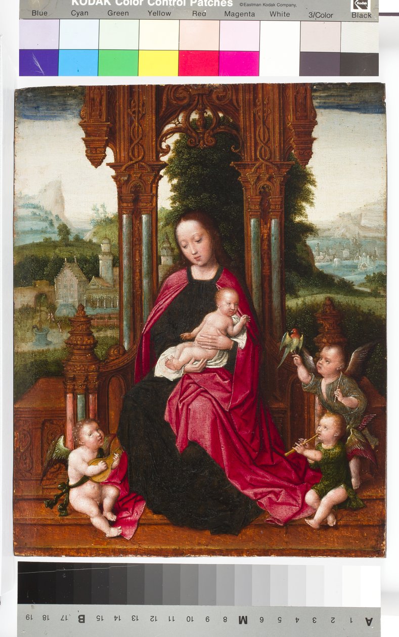 Madonna og barn med engler, ca. 1510-20 (tempera og olje på panel) av Adriaen Isenbrandt or Isenbrant