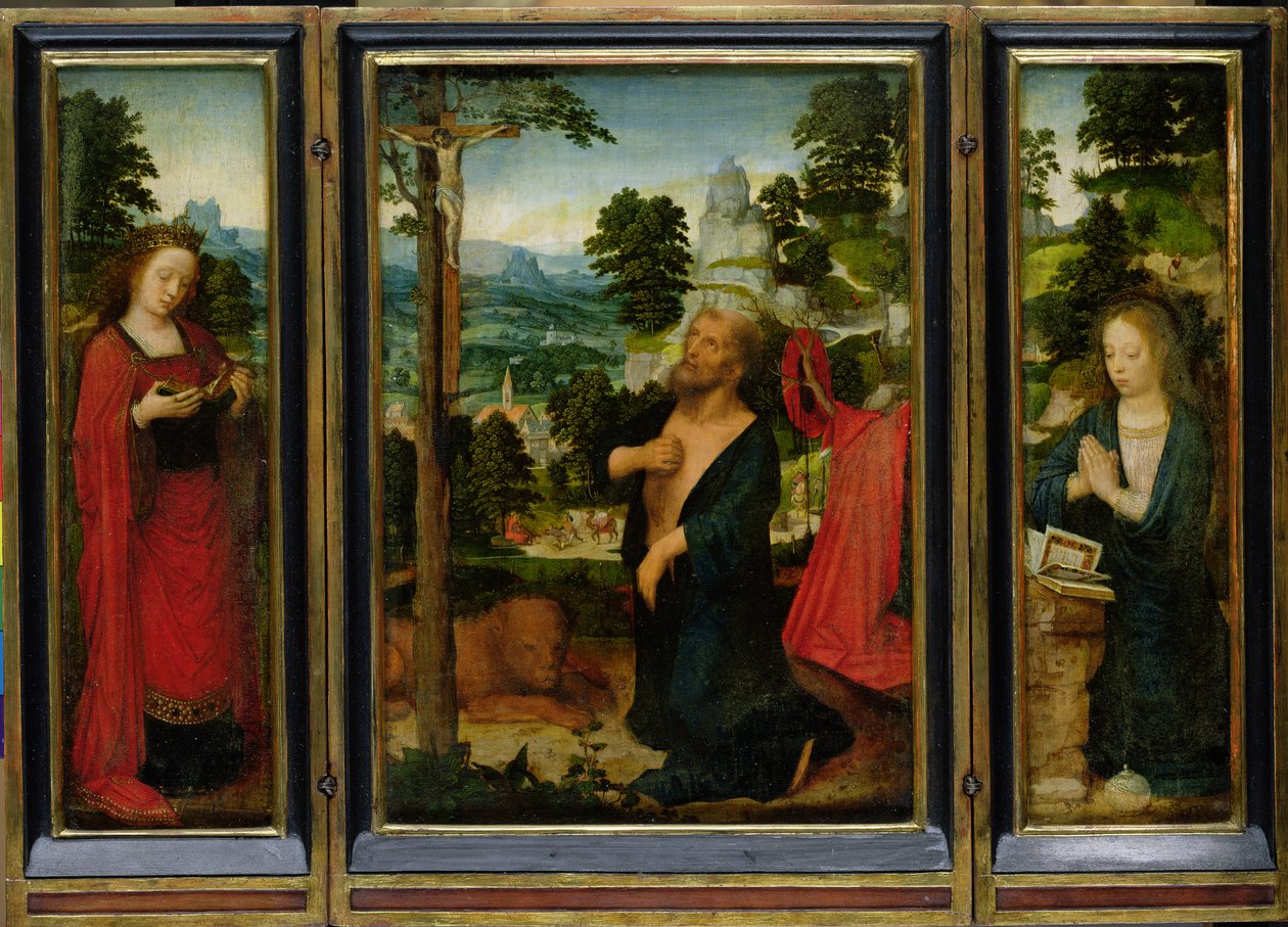 Triptyk med St. Hieronymus, St. Katarina og Maria Magdalena av Adriaen Isenbrandt or Isenbrant