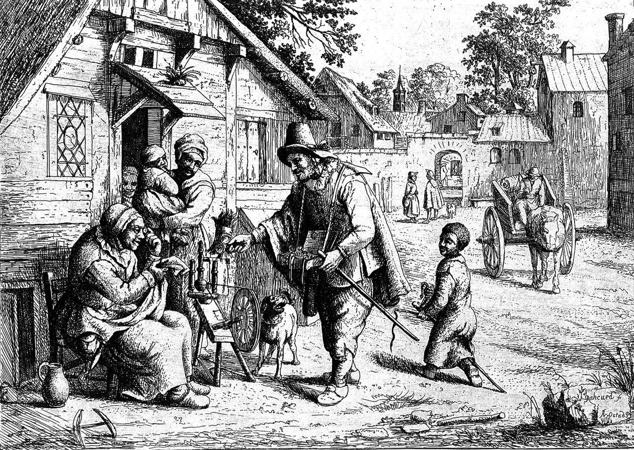 En brillepedler som viser varene sine til en gammel kvinne av Adriaen Jansz. van Ostade