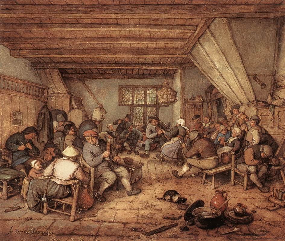 Bønder danser, drikker og lager musikk på et vertshus av Adriaen Jansz. van Ostade