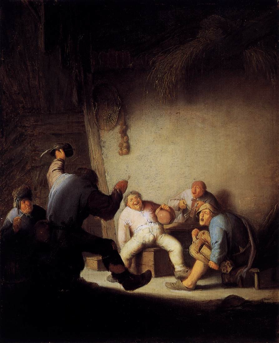 Bønder som drikker og lager musikk på en låve av Adriaen Jansz. van Ostade