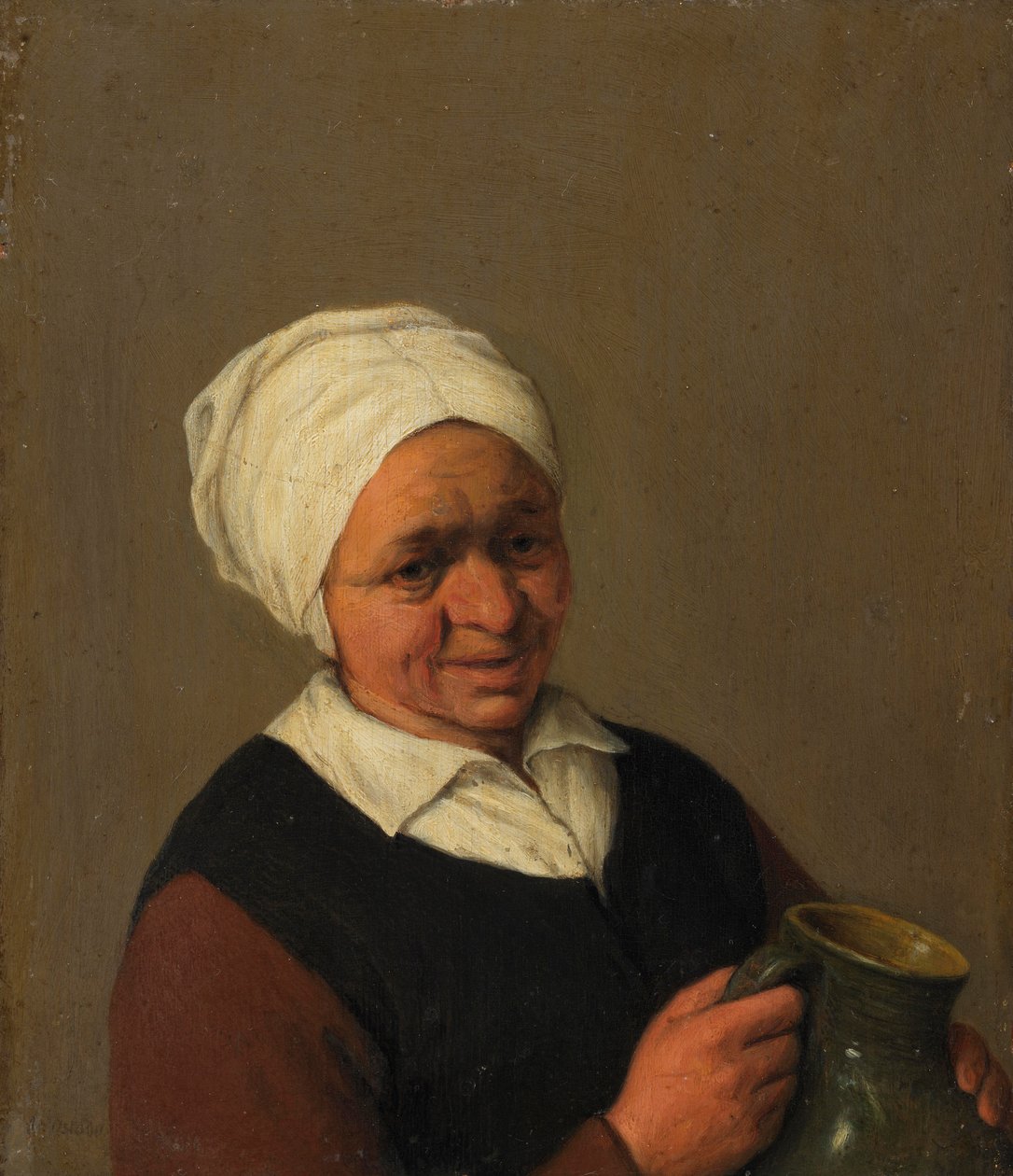 Gammel bondekvinne som holder en kanne, ca. 1643 av Adriaen Jansz. van Ostade