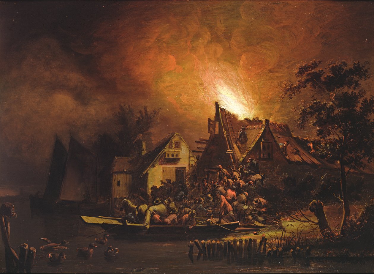 Landsbyboere sliter med å slukke en hyttebrann av Adriaen Lievensz van der Poel